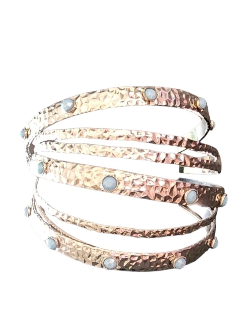 Hammered Silvertone Bangle Bracelets with Blue Accents